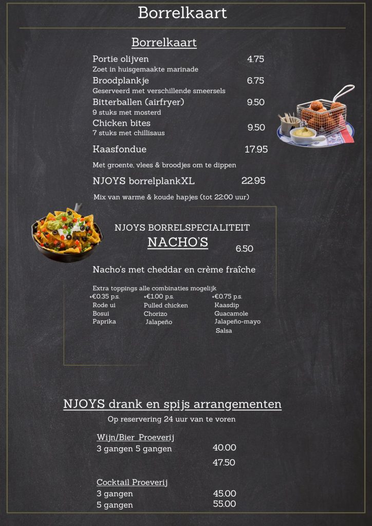 Broodplankje, olijven, bitterballen en chicken bites bij NJOY Kampen