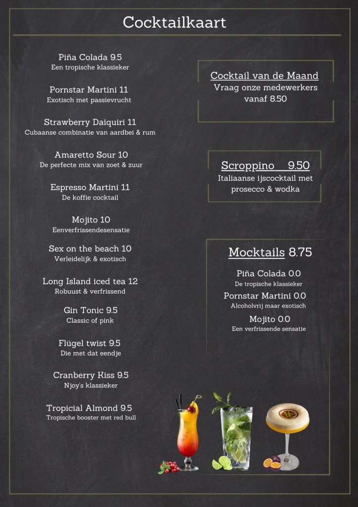 Cocktailkaart van NJOY met o.a. Pornstar Martini, Mojito en Strawberry Daiquiri