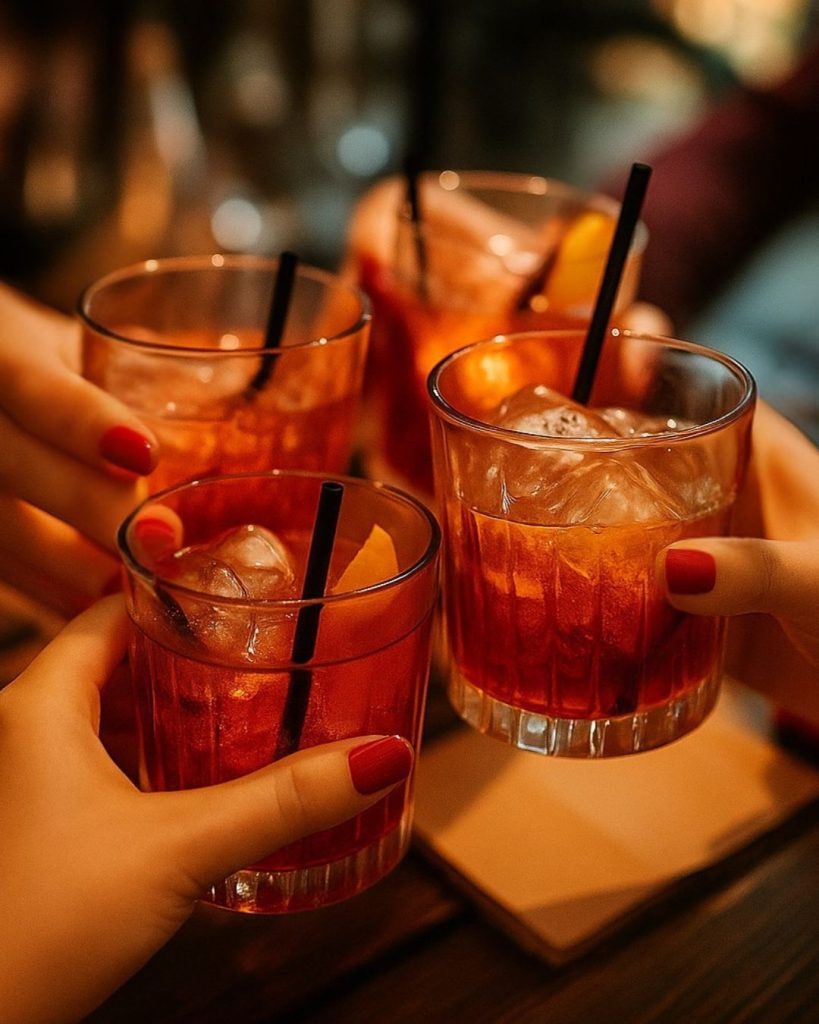 Vriendinnen proosten tijdens de High Cocktail bij NJOY Kampen – kleurrijke cocktails en gezelligheid.
