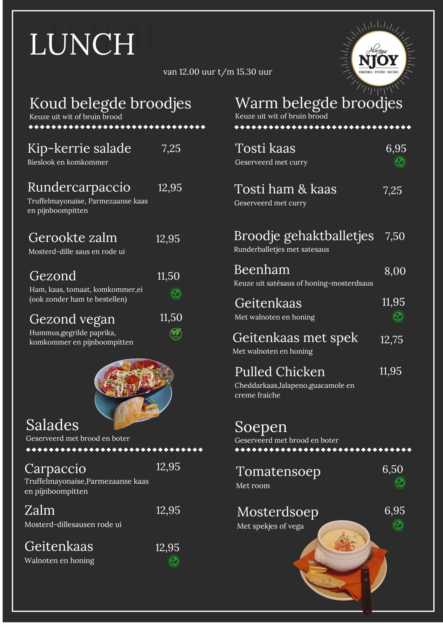Lunchkaart NJOY Kampen 2025 – Verse broodjes, huisgemaakte soepen en salades