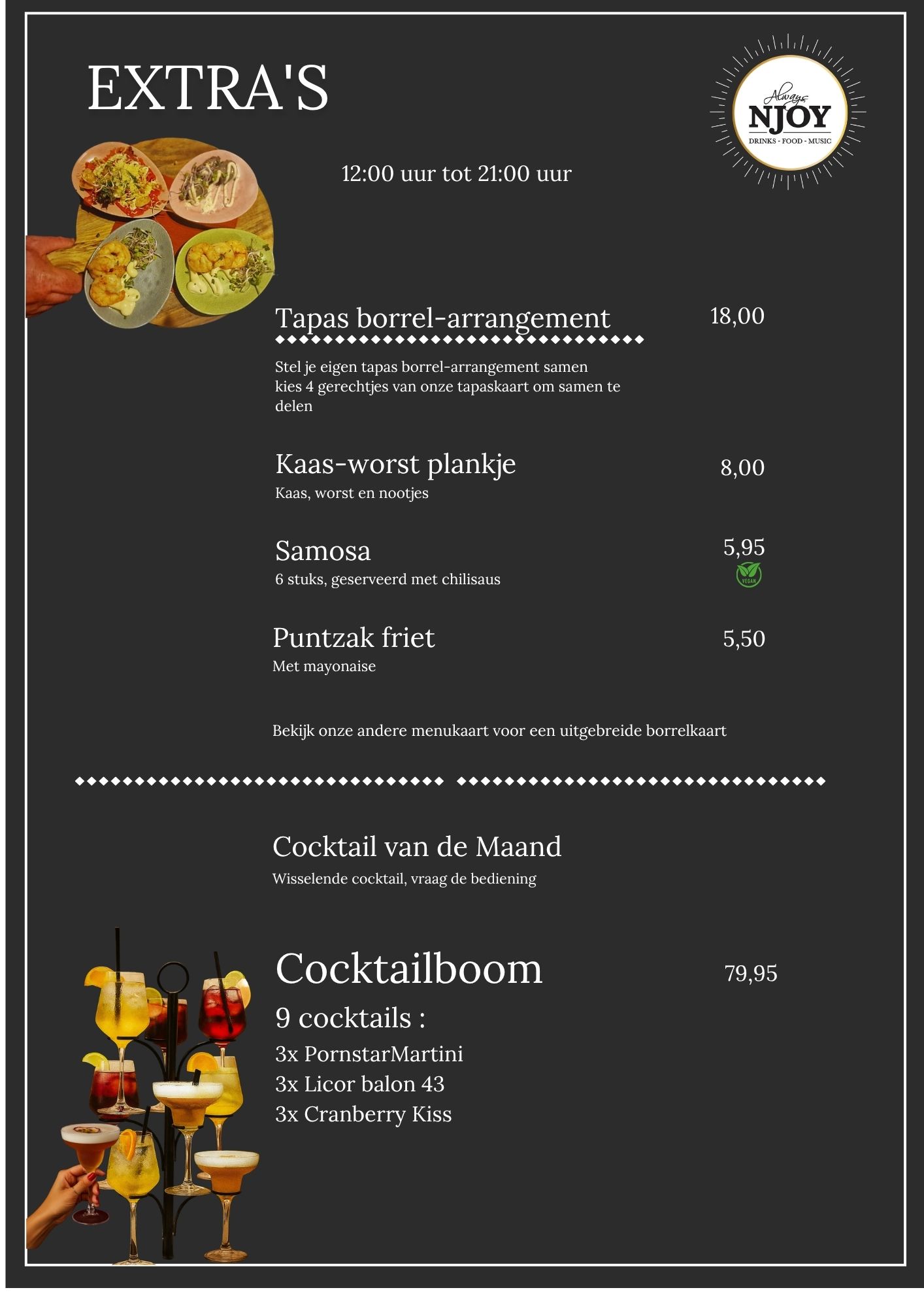 Lunchkaart NJOY Kampen 2025 – Extra's, borrelhapjes en cocktailboom