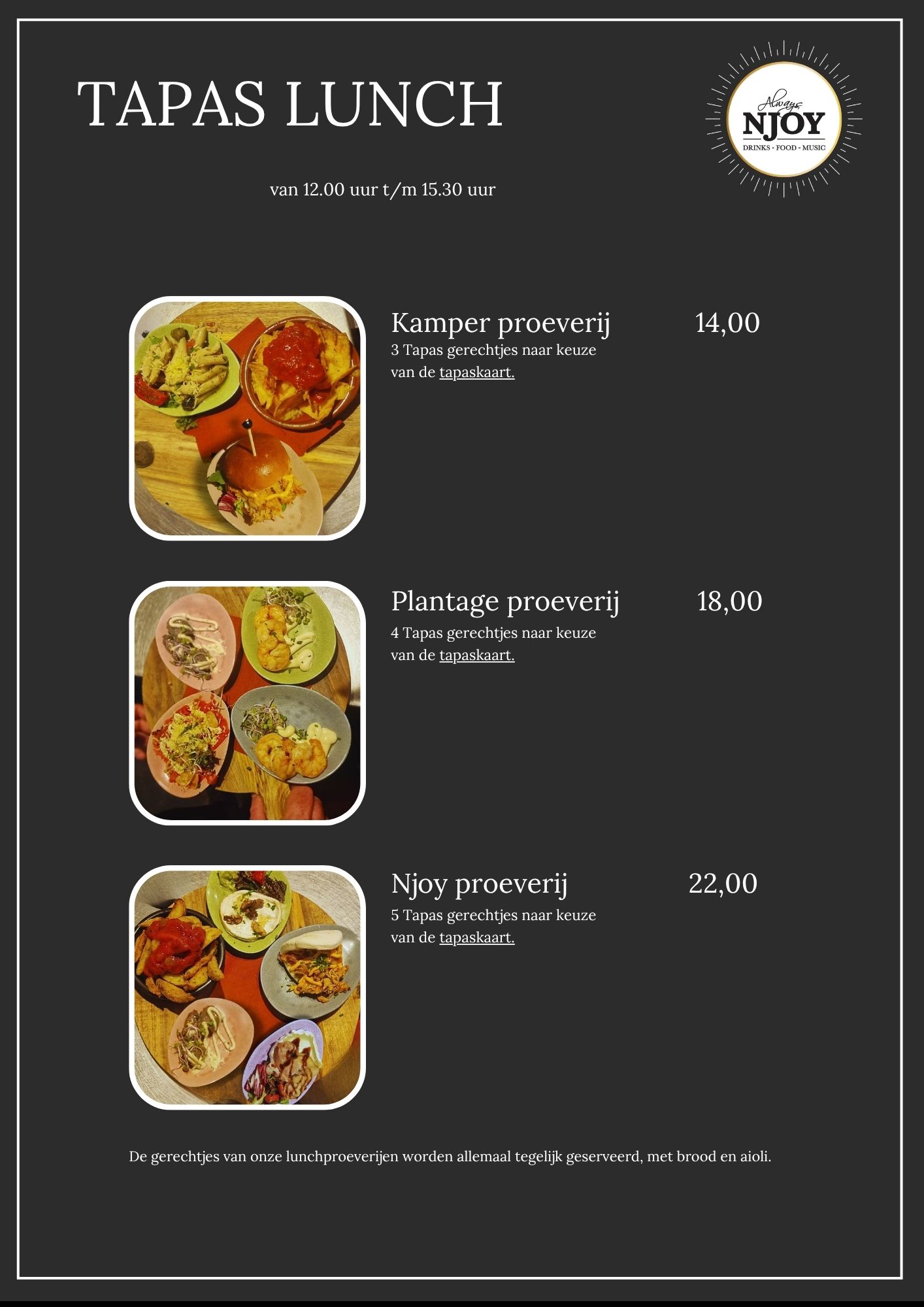 Lunchkaart NJOY Kampen 2025 – Tapasproeverijen en lunchhapjes