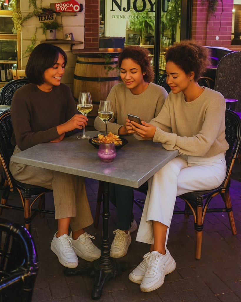 Drie vrouwen genieten van wijn op het terras van NJOY Kampen tijdens de High Wine