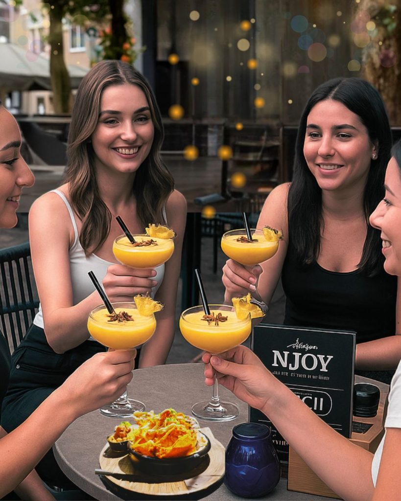 Vriendinnen genieten van de High Cocktail bij NJOY Kampen met pornstar martini’s en tapas.