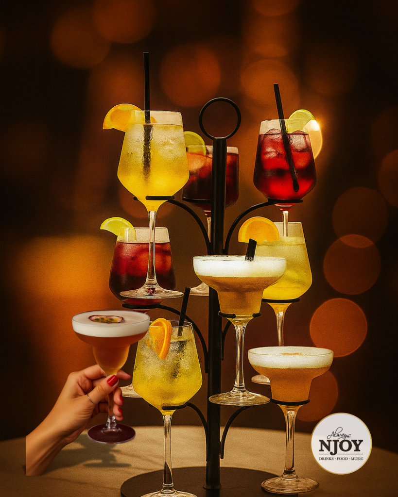 Cocktail tree bij restaurant NJOY Kampen met meerdere cocktails op een metalen cocktailboom