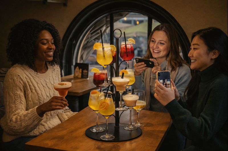 Gasten maken foto’s van een cocktail tree bij NJOY Kampen in het restaurant