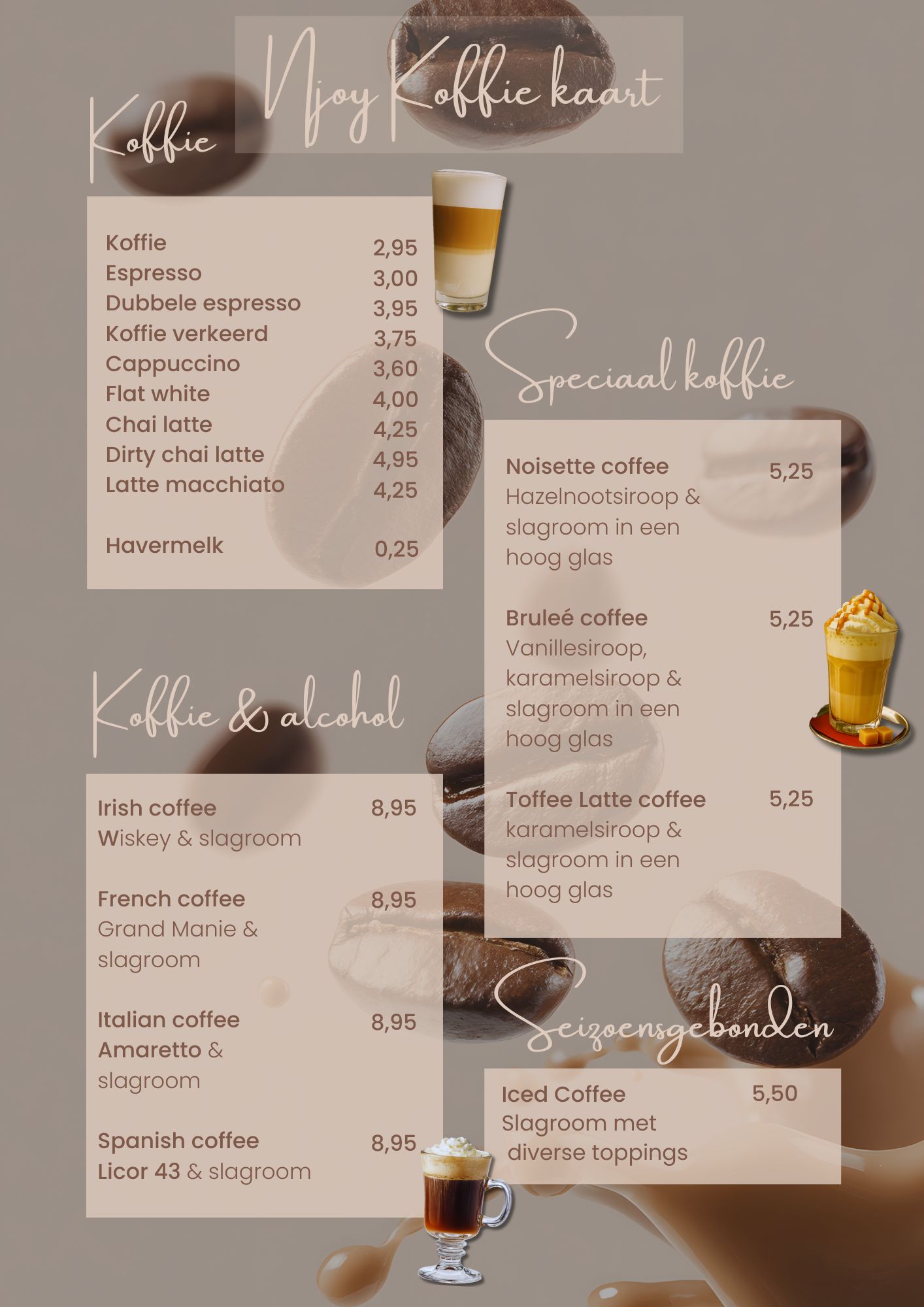 Koffiekaart van NJOY Kampen met klassieke koffie, espresso en cappuccino