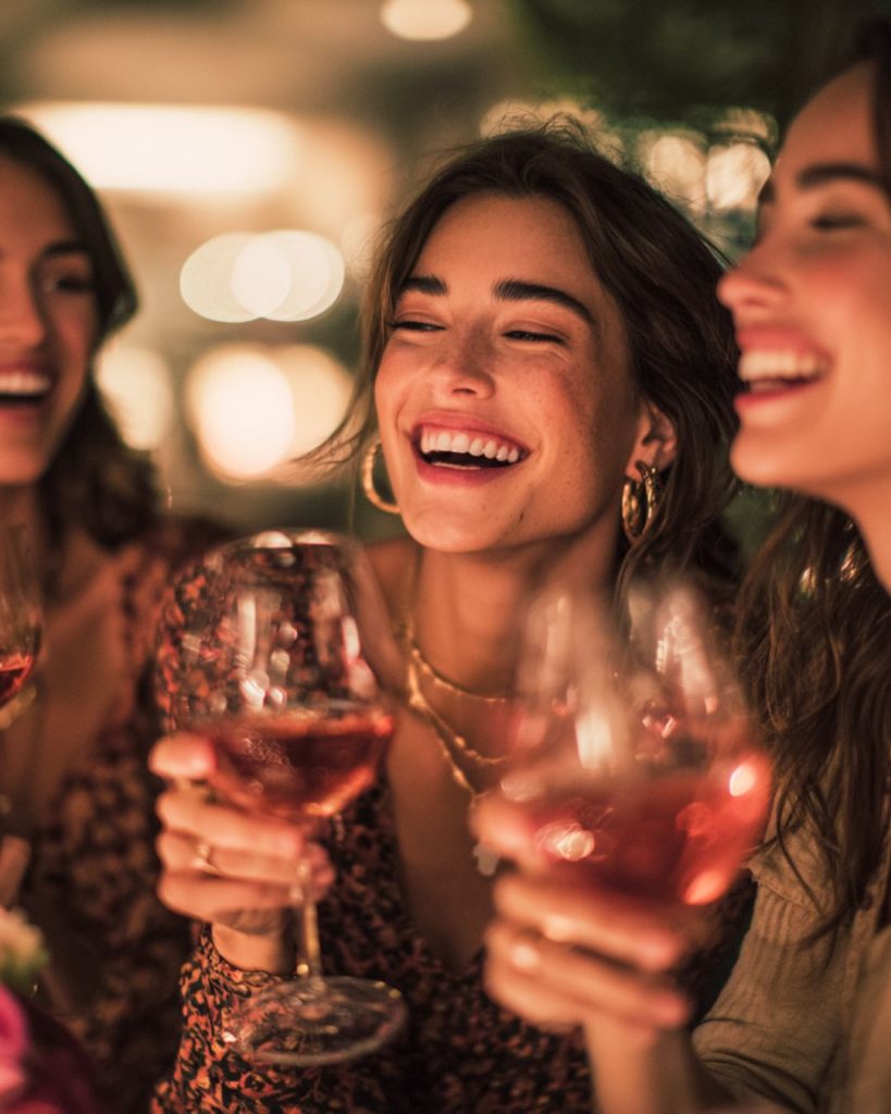 Drie vrouwen genieten samen van rosé tijdens een High Wine bij NJOY Kampen