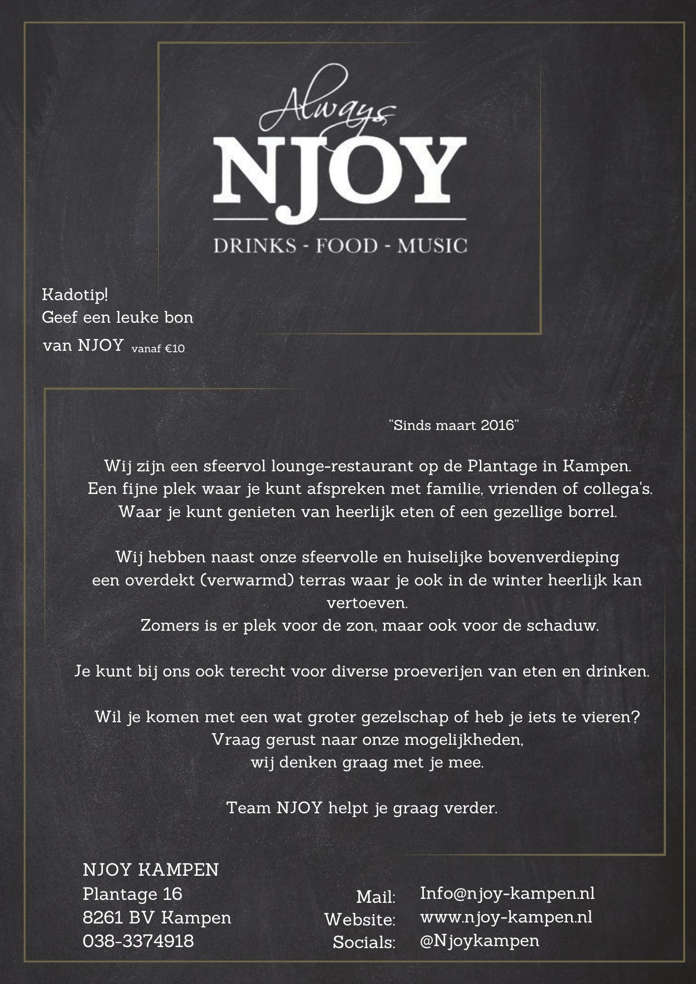 Voorpagina menukaart NJOY Kampen 2026 met restaurantinformatie en overzicht van eten en drinken in Kampen