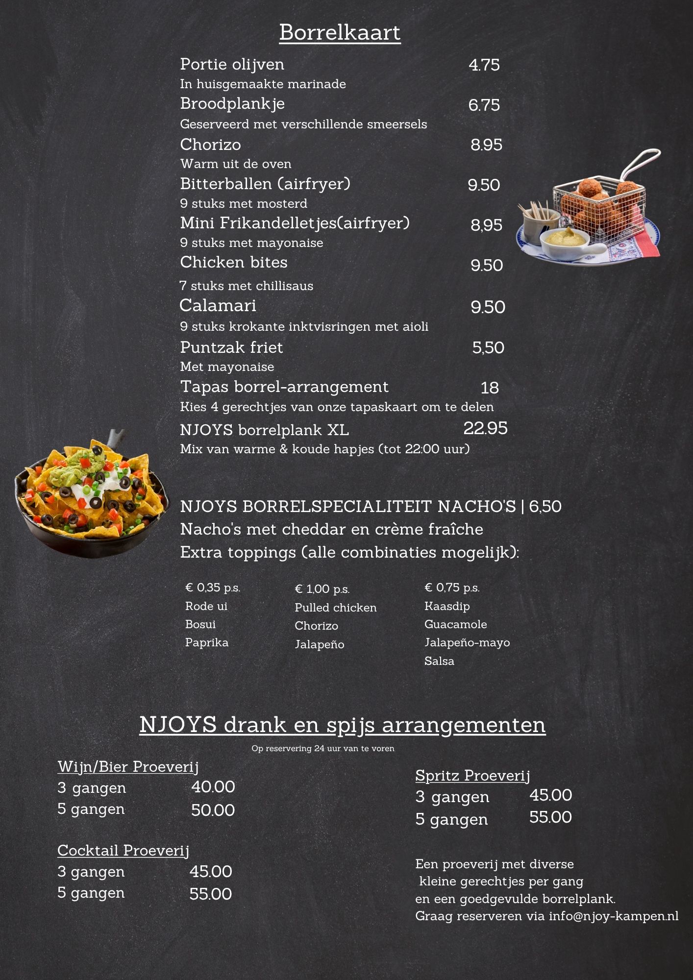 Borrelkaart NJOY Kampen 2026 met tapas, snacks, nachos, borrelplanken en proeverijen in Kampen