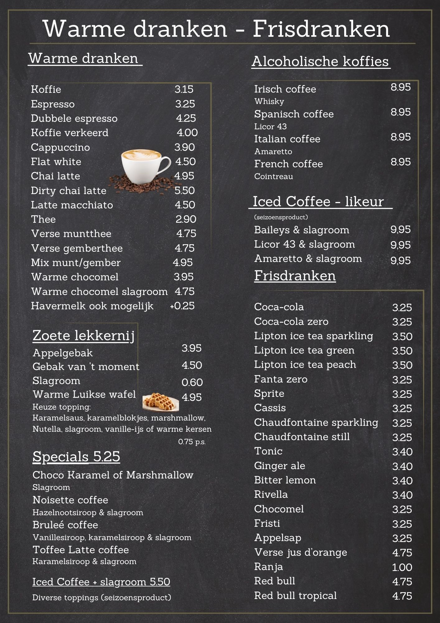 Drankenkaart NJOY Kampen 2026 met koffie, thee, warme dranken en frisdranken in Kampen