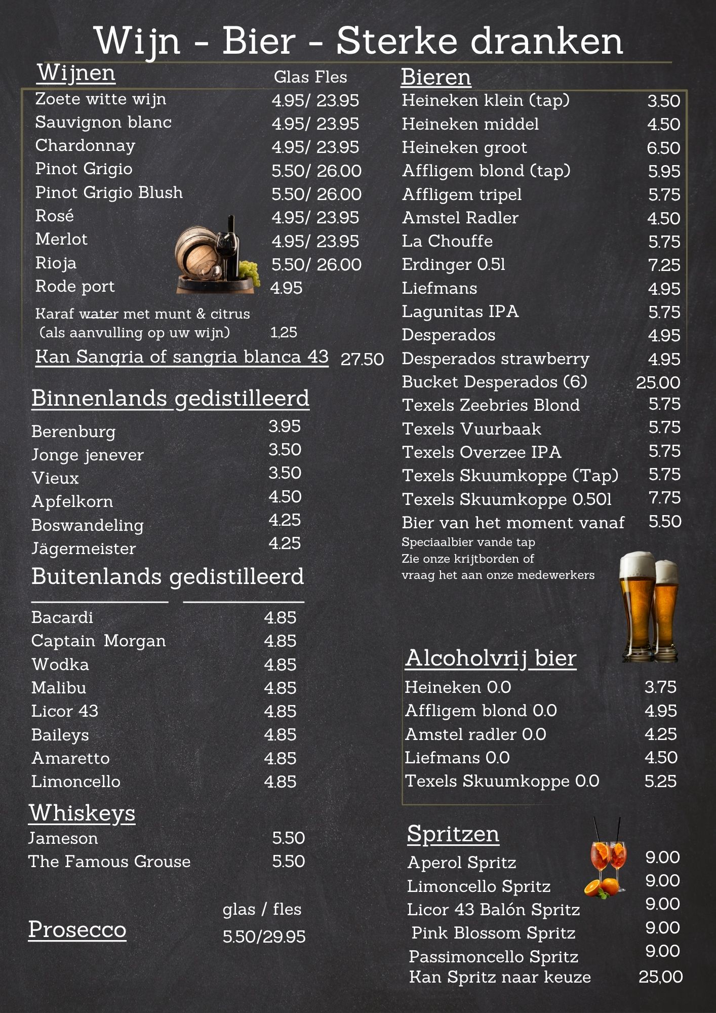 Wijn, bier en sterke dranken kaart NJOY Kampen 2026 met speciaalbier en wijnen